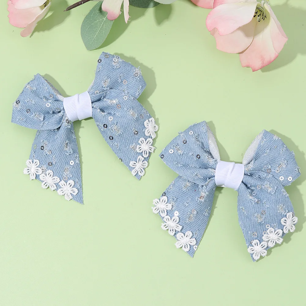 36pc Denim Blue Bow Hair Clips for Girls Glitter Sequin Hairpins Kids Hair Accessories Lace Floral Barrettes Children's Headwear