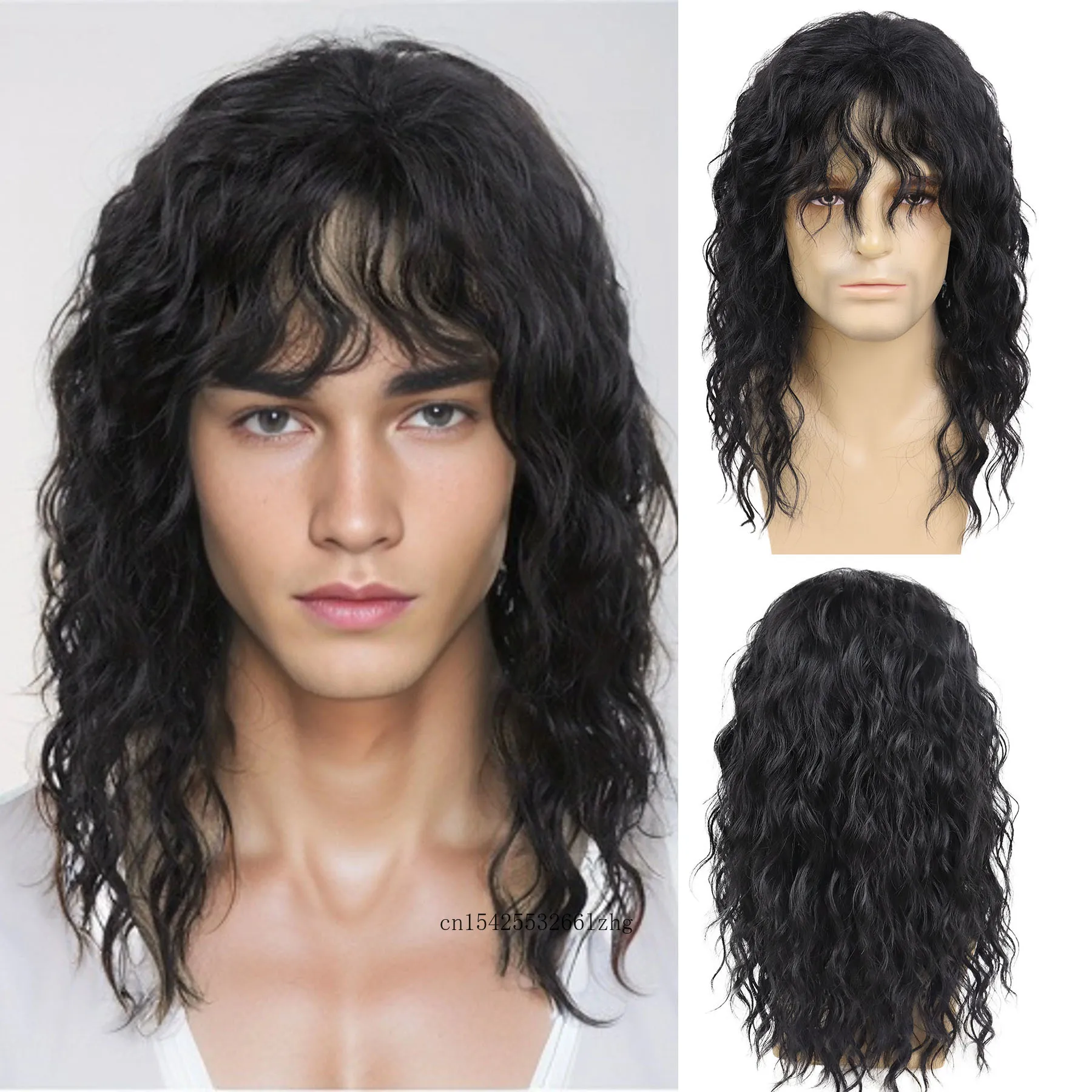 GNIMEGIL Synthetic Natural Black Wig Long Curly Hair for Men Daily Use with Bangs Cancer Patient Gift Outfits Costume Party Wig