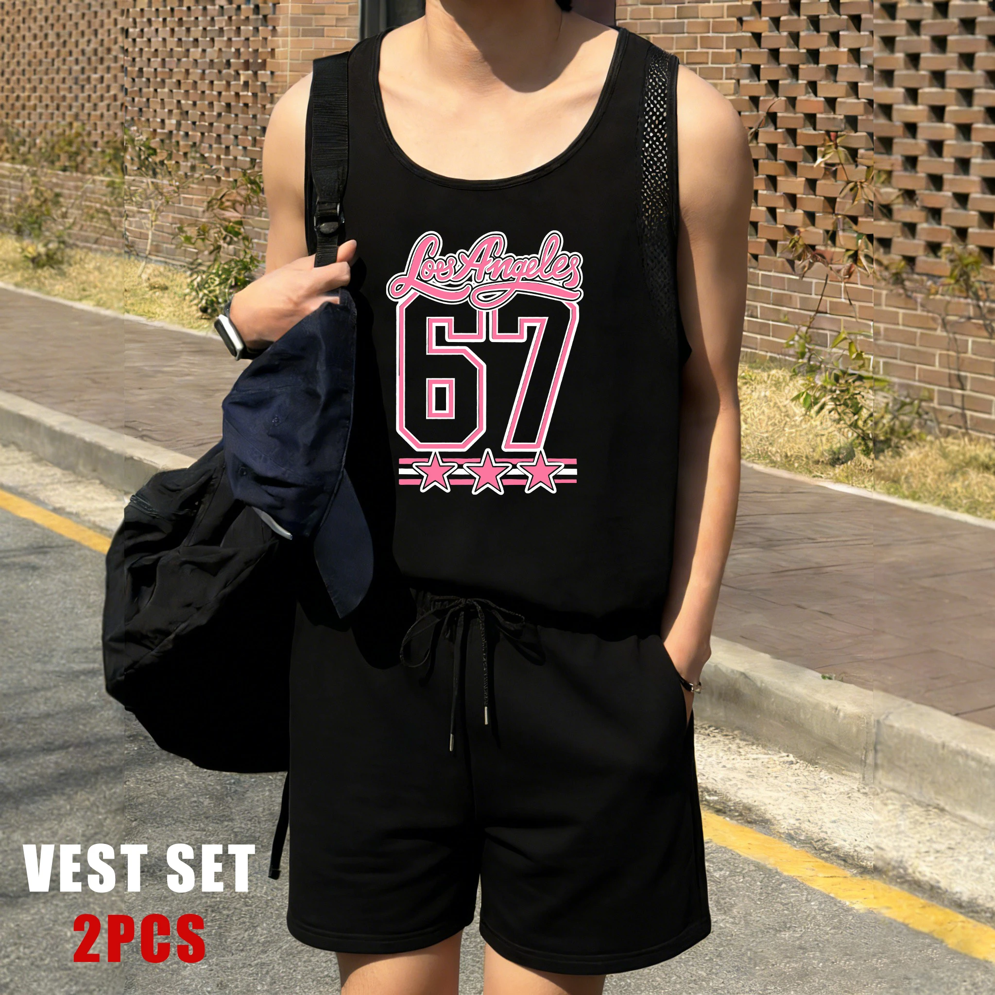 

Usa Number 67 And Stars Print Men Reticular Vests Set Summer Drawstring Shorts Vacation Unisex All-Match Soft Singlet