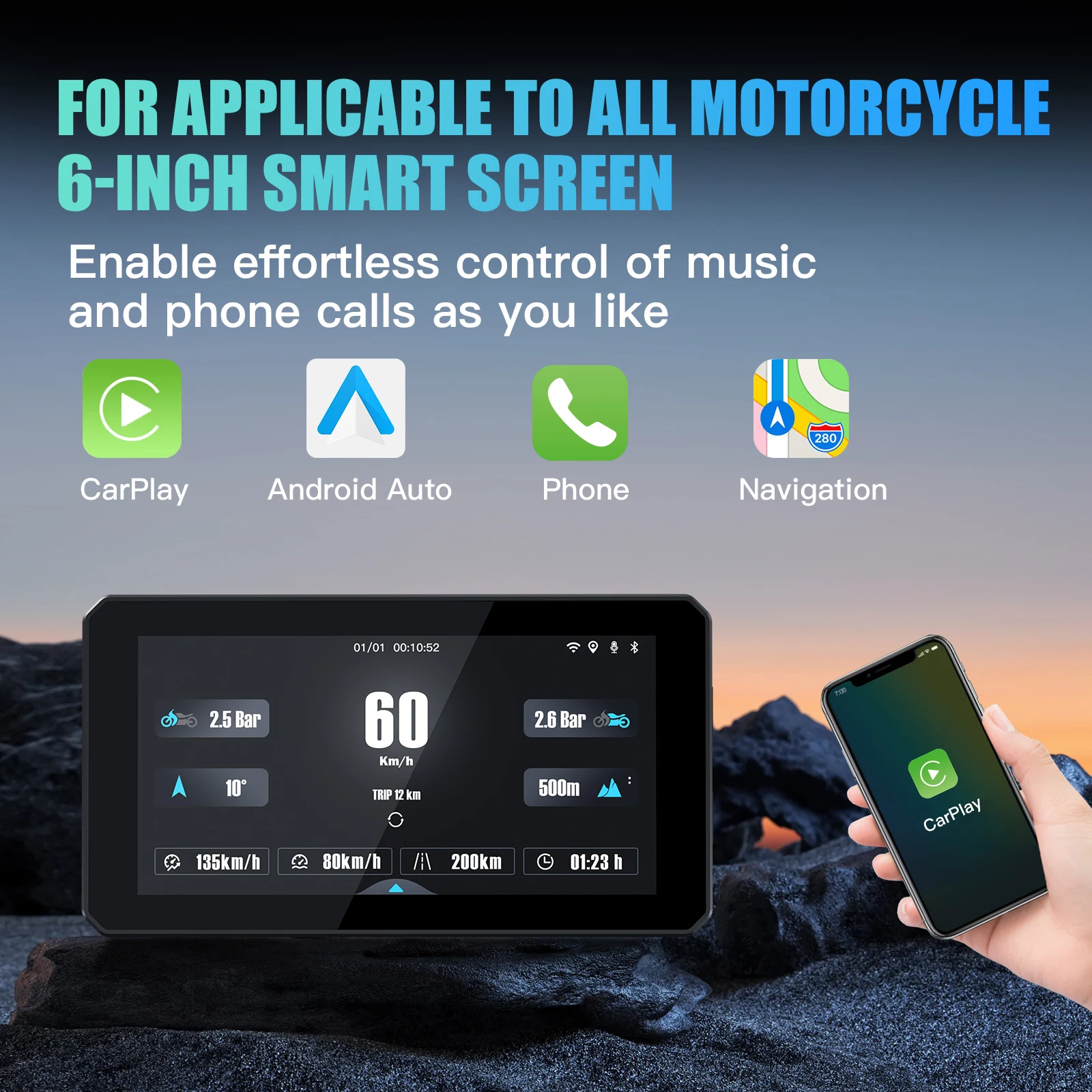 DM601 6 inch Portable Motorcycle Wireless Carplay Android Auto GPS Navigation  IP68 Waterproof DVR Drive Recorder Moto TPMS view 3