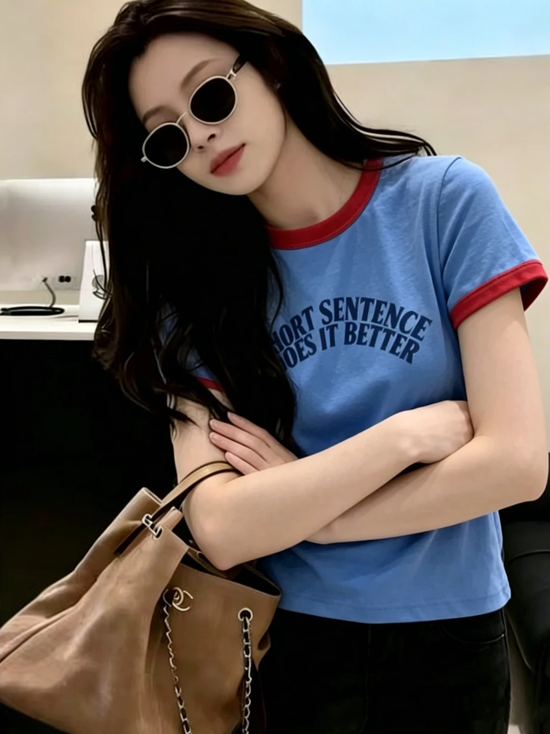 Slim Fit Short Sleeve T-Shirt Letter Print Casual Top for Women Comfortable Breathable Polyester Cotton Blend Summer Wear
