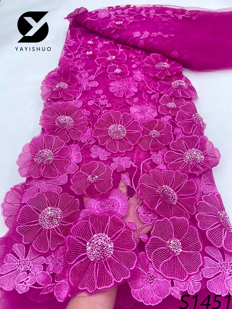 African 3D Flower Lace Fabric, Embroidered Applique, Nigerian Fabric for Sewing, Dubai Sequins Tulle, S1451, 2024 Latest