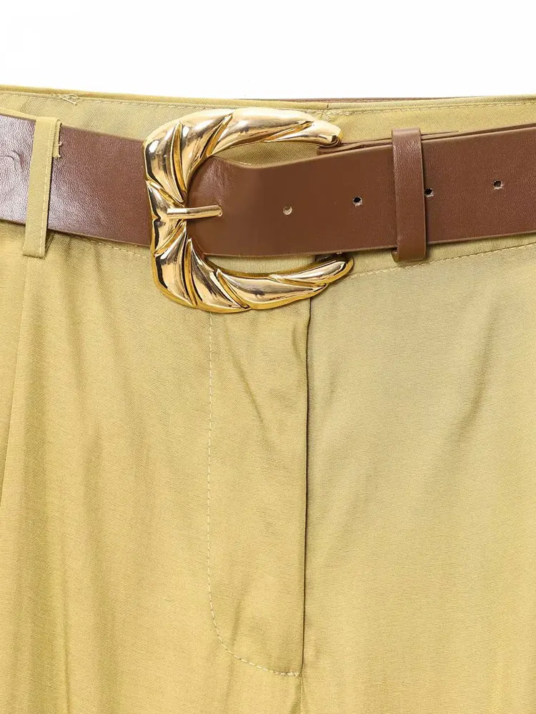 سراويل عالية الخصر واسعة الساق للنساء سراويل نسائية عصرية بحزام أمامي وجيوب جانبية