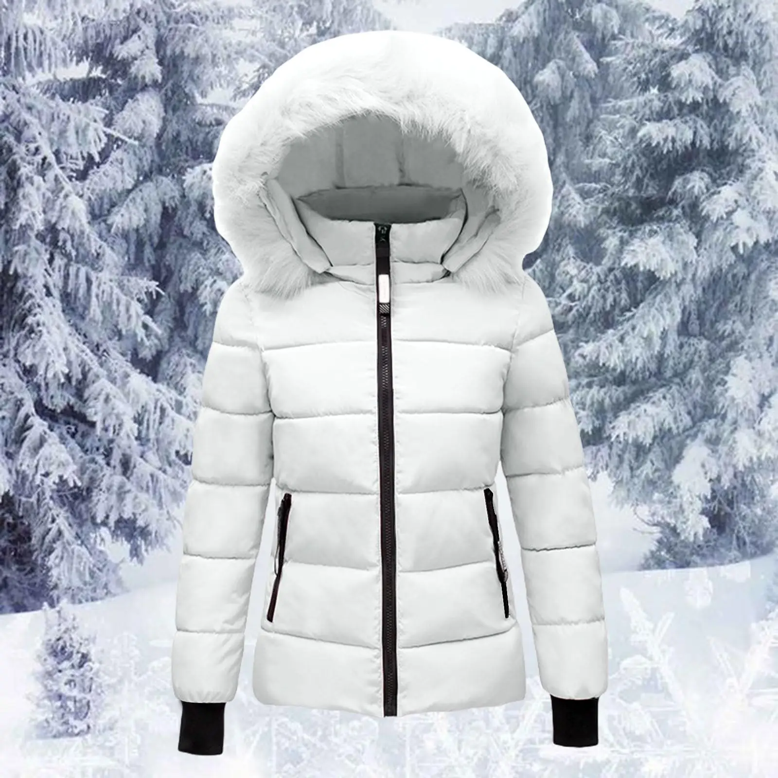 Women Thickened Winter Jacket With Furry Hoods Oudoor Slim Quilted Jacket With Zipper Pockets Cotton