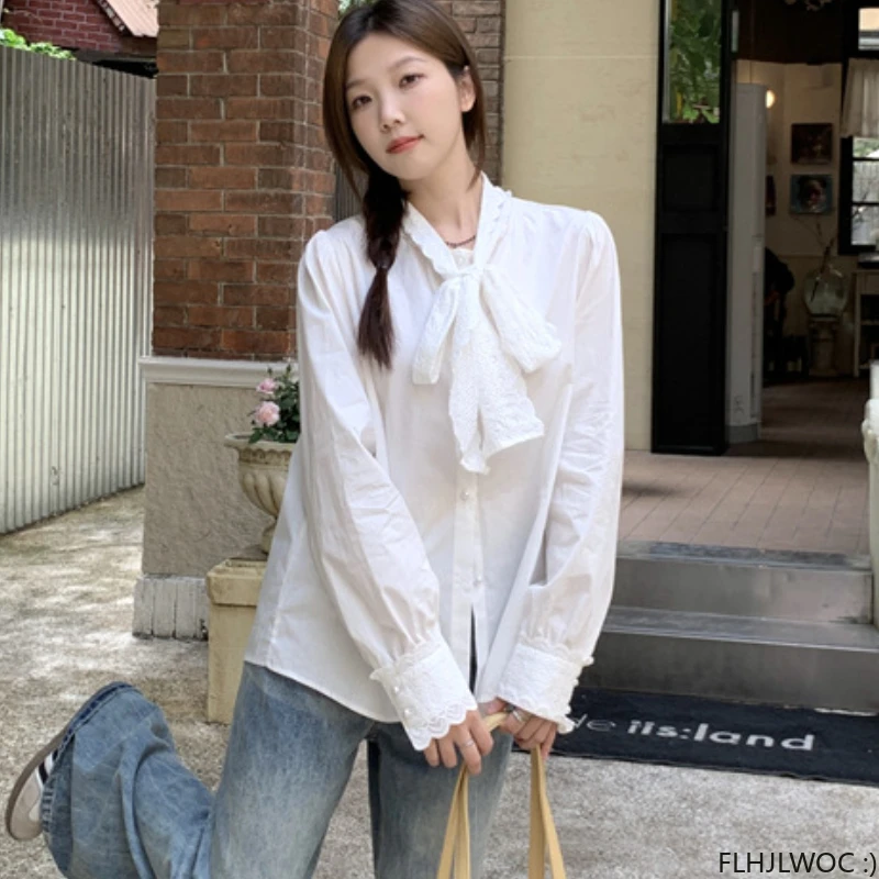 M-4XL Losse Strik Tops Vrouwen Koreaanse Stijl Design Kleding Elegant Kantoor Dame Schattig Lint Lieve Witte Kanten Shirts Blouses