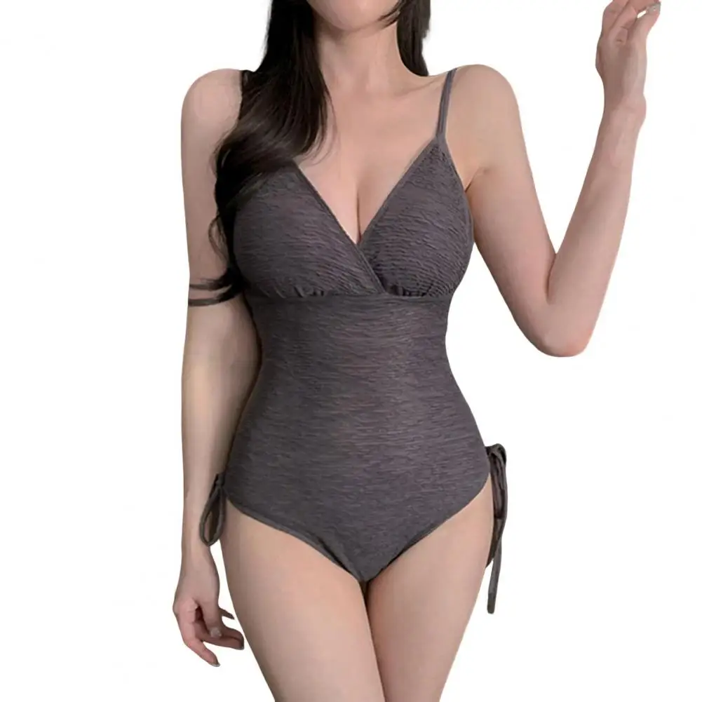

Women One-Piece Monokini V-Neck Sling Side Drawstring Solid Color Lightweight Quick Drying Figure-flattering Swimsuit