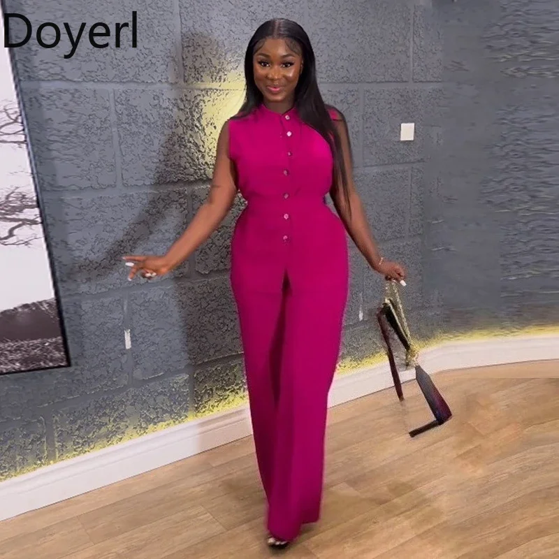 Elegant Work Wear Two Piece Set Women Sleeveless Single-breasted Top and Straight Pants Suit Matching Sets Casual Outfits Summer