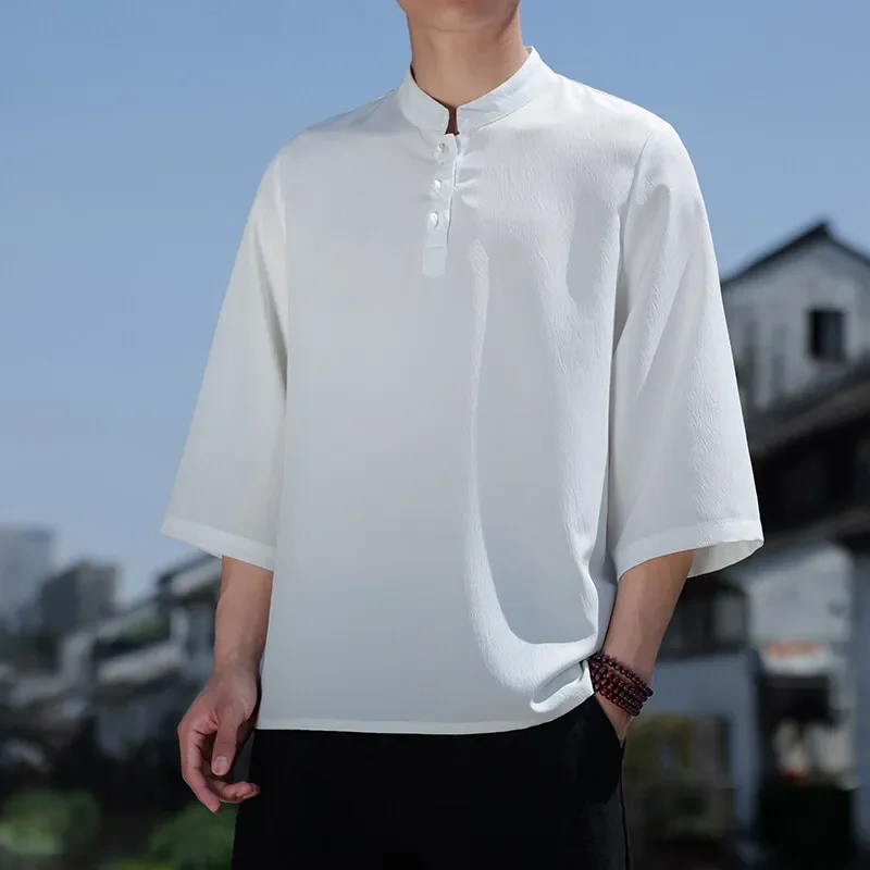 LIBIELIY Spring Summer Men's Loose Three Quarter Sleeve T-Shirts Fashion Chinese Style Casual Stand Collar Tees Solid Male Tops