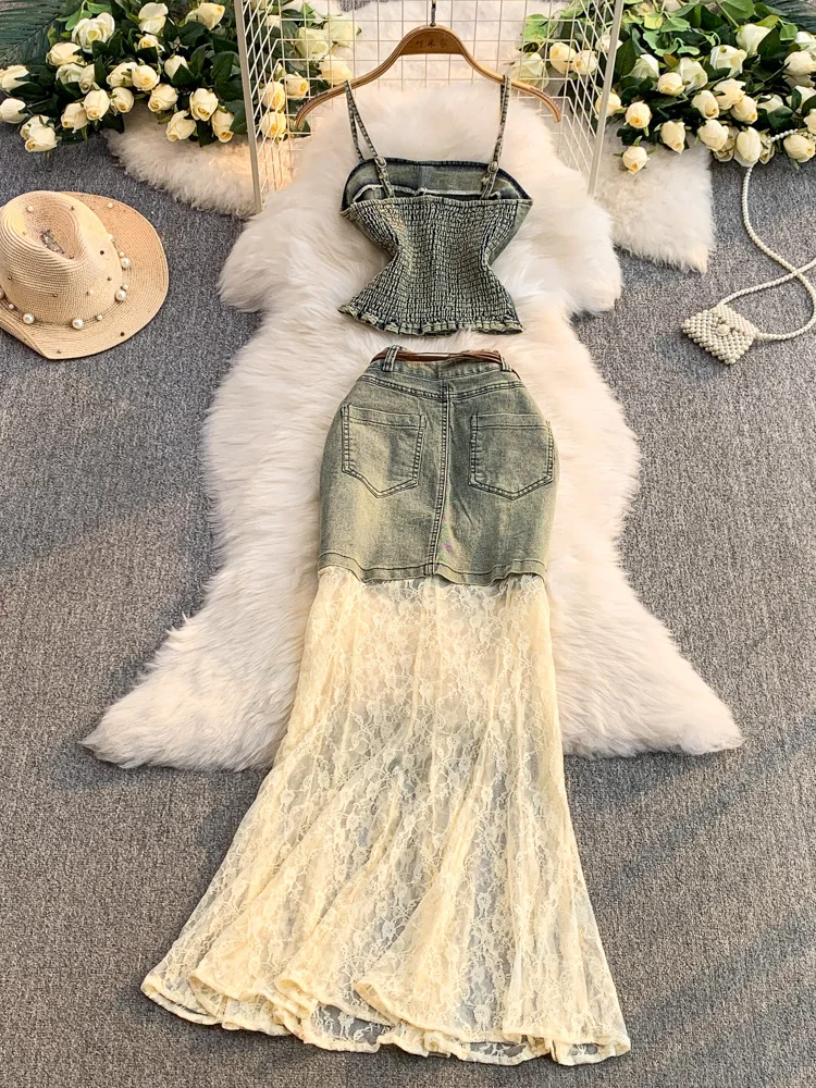 

American Retro ort Denim Strap Vest Lace High Waist Slim Splicing f-length Skirt Two-piece Set Women's Faion Ensemble