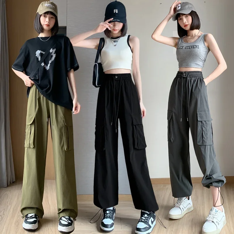 

American Baggy Black Cargo Pants Women Summer Thin Drawstring High Waist Trouser Casual Loose Bundle Feet Streetwear Y2k