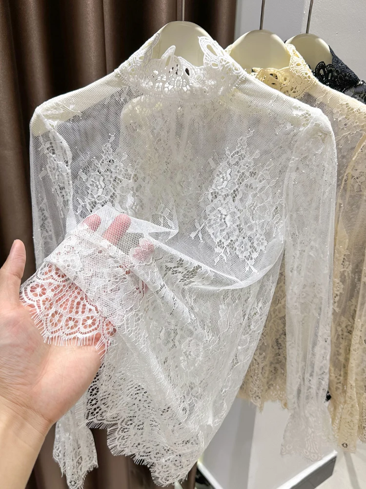 

Lace Me Base irt Women's Thin Hollow out Inner Spring Autumn Floral High Collar Small irt Lotus Le Long Sve N...