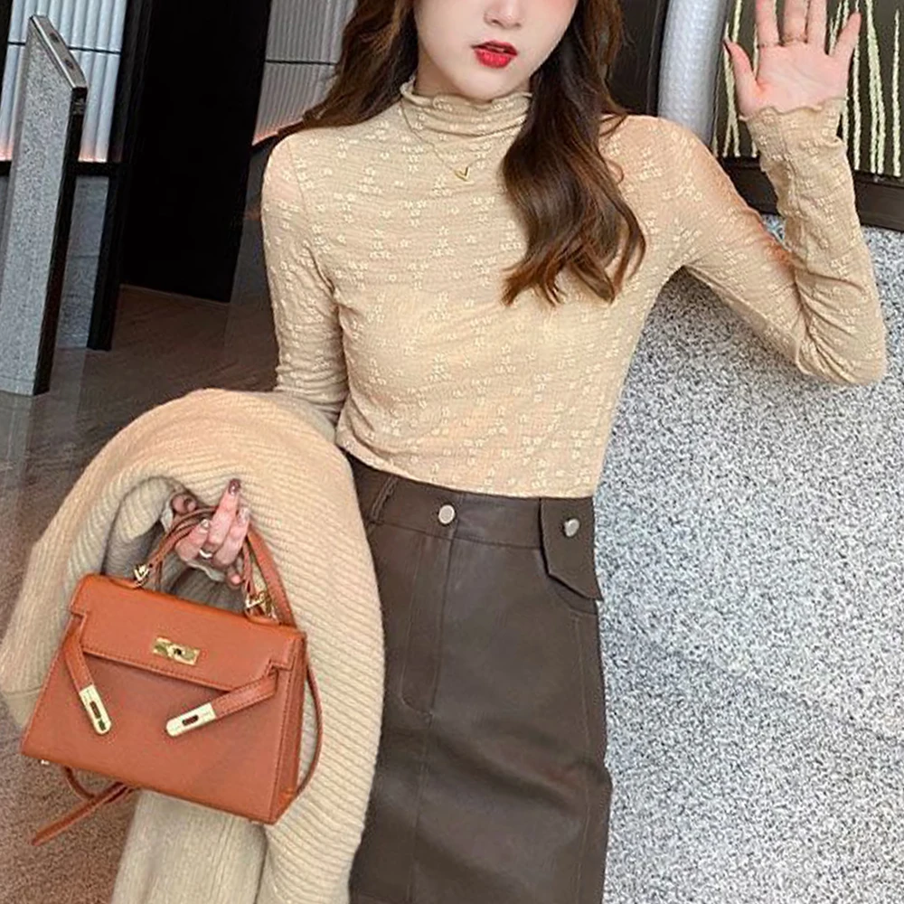 

Sexy Women T Shirt See Through Transparent Mesh Tops Long Sleeve Sheer Kawaii Ladies Turtleneck Tees Solid Slim Fit S-XL Cute