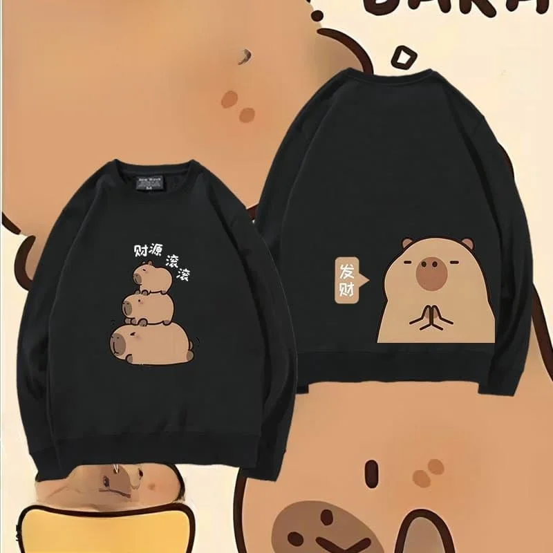 Cute Capybara Cartoon Print Sweatirt round Ne Hoodie Pure Cotton Youthful Vitali Sle All-Season Long Sve Crew Ne