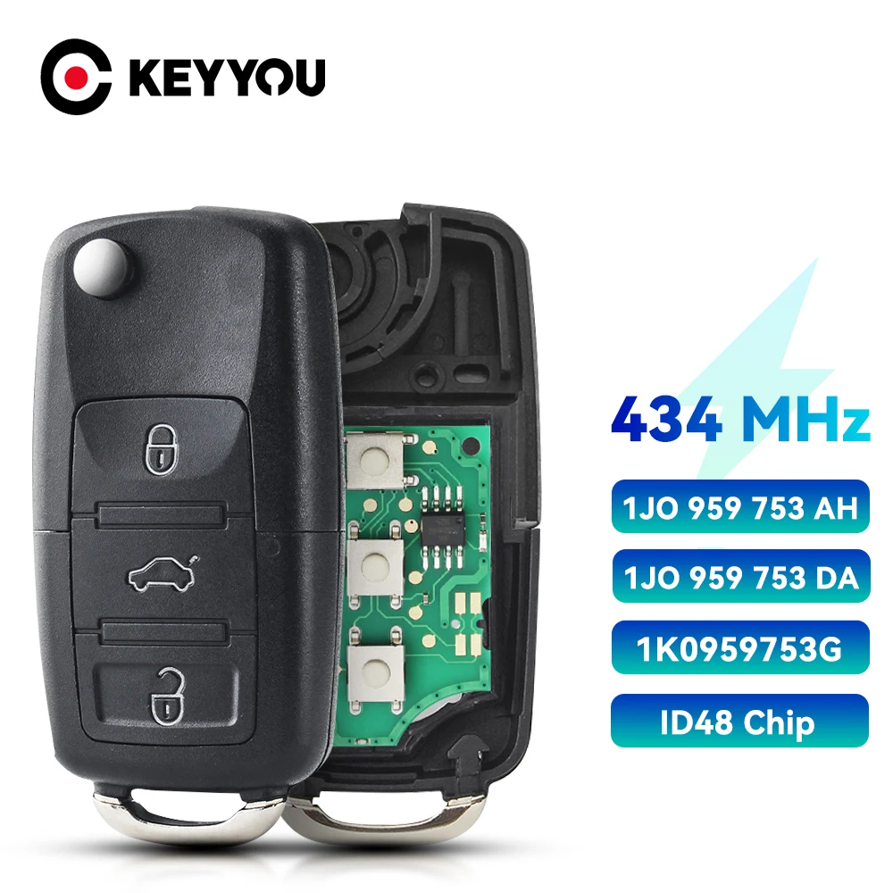 

KEYYOU 3 Buttons Flip Remote Car Key For VW PASSAT Polo Skoda Seat Polo Golf Beetle 1J0959753 DA/AH 1K0959753G 434Mhz ID48