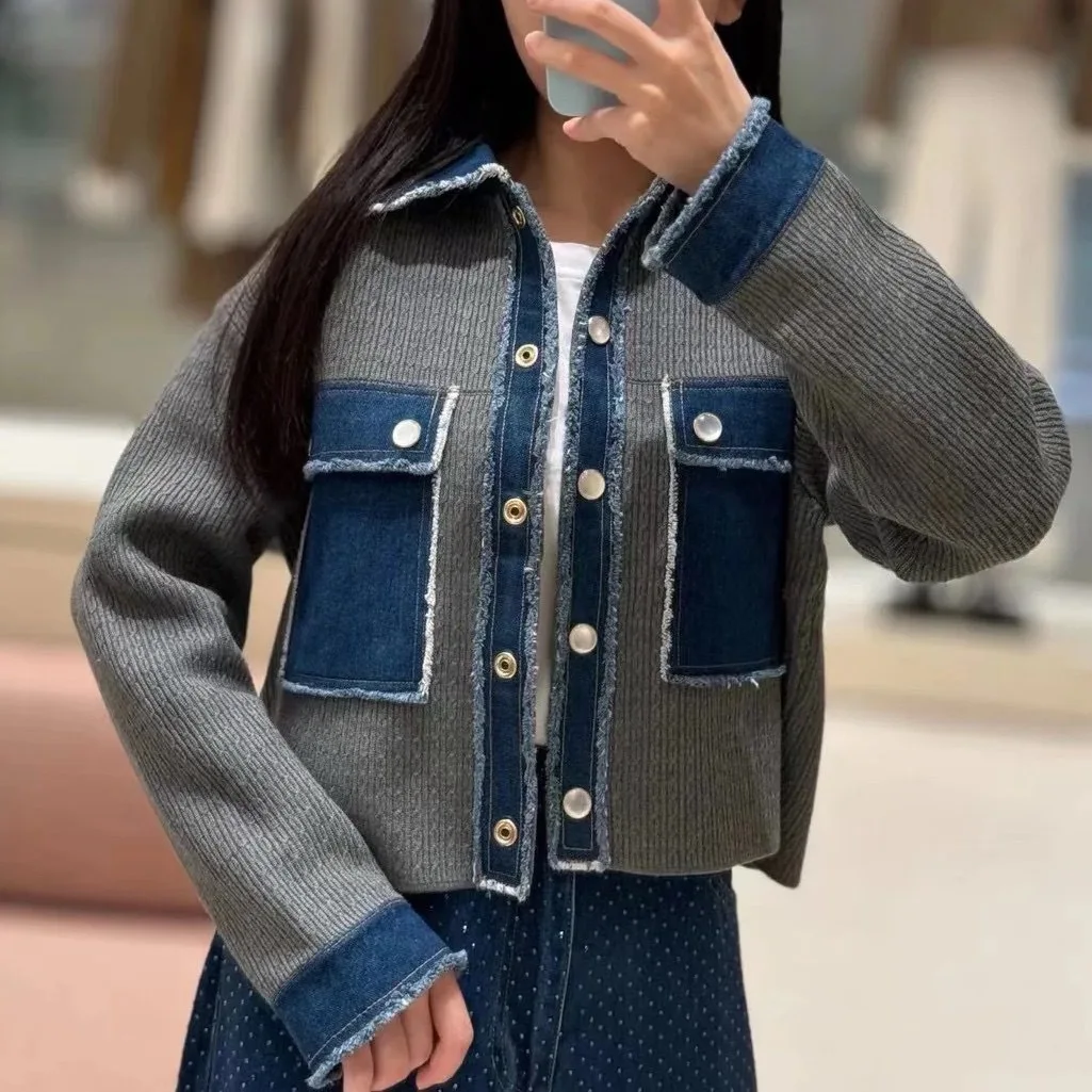 

High-End Version European Sle Casual Denim Patchwork Collar ey Knitted Jaet Loose Top for Women Autumn Winter Faion