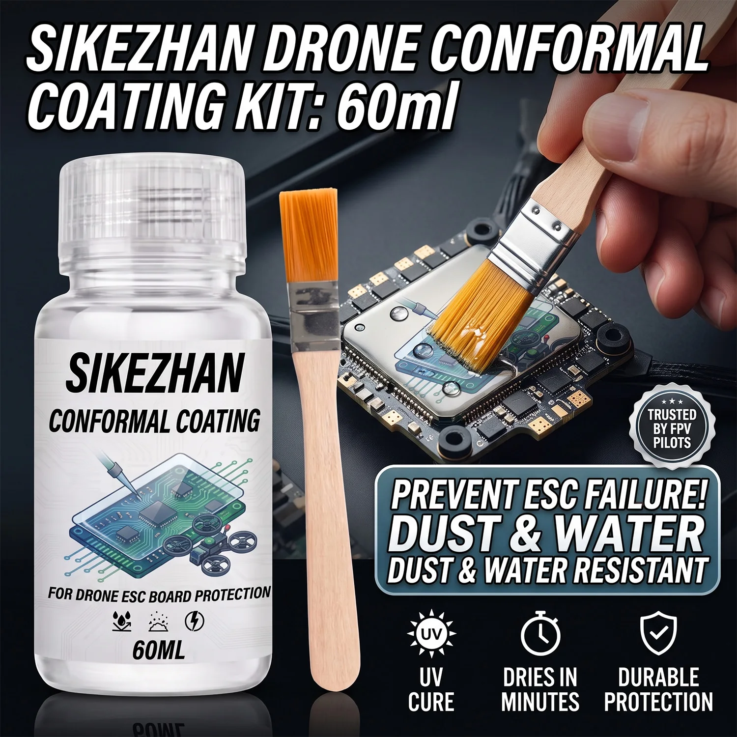 Clear Conformal Coating Varnish 60ml Fast Drying Waterproof Insulation Protection for Drone Electronic Circuit Boards with Brush
