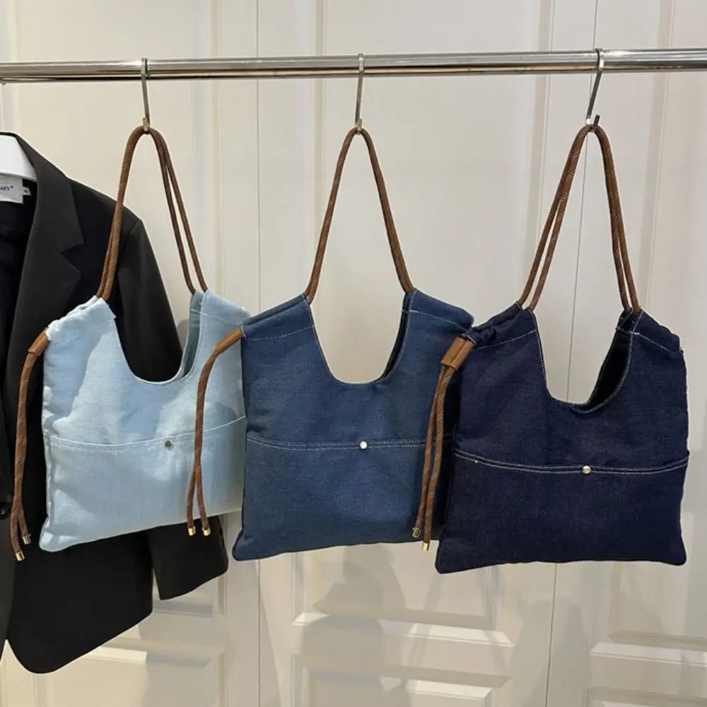 حقيبة كتف الدنيم حقيبة قماش قنب حقيبة كروسبودي سعة كبيرة حقيبة يد خمر حقيبة تسوق بلون بسيط حمل حقيبة السفر #1