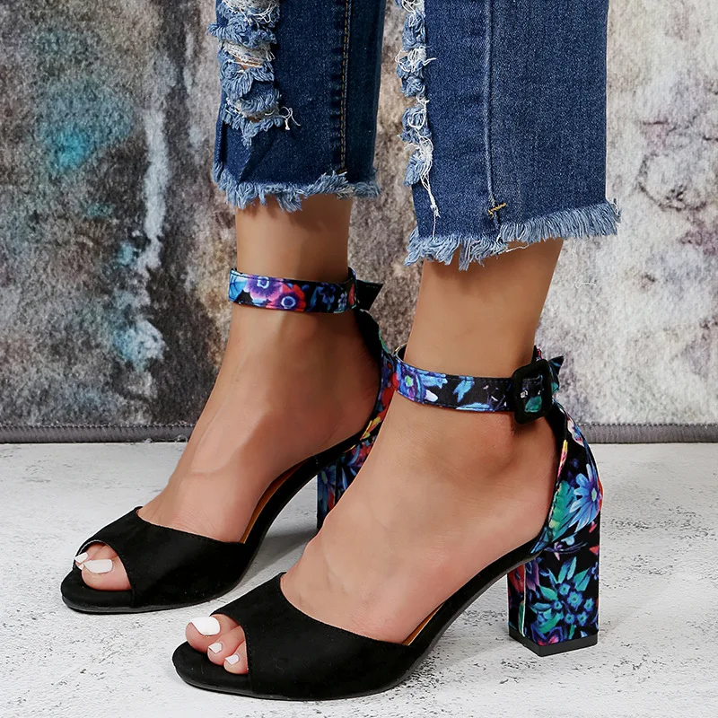 2023 Fashion Women Black Flock Flower Color High Heels Sandals Female Pumps Peep Toe Ankle Strap Platform Shoes 35-43