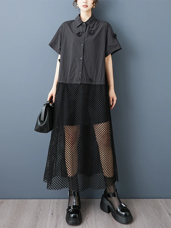 Loose Women's Shirt Dress Fake Two-Piece Floral Splicing Mesh Design Summer Casual A-Line Skirt Short Sleeve Collar Dress