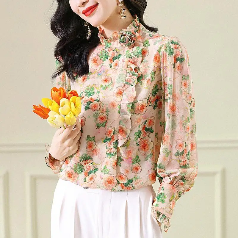 2023 New Spring Fashion Light Luxury Celebrity Wood Ear Edge Unique Fragmented Flower Shirt Temperament Commuter Women's Tops