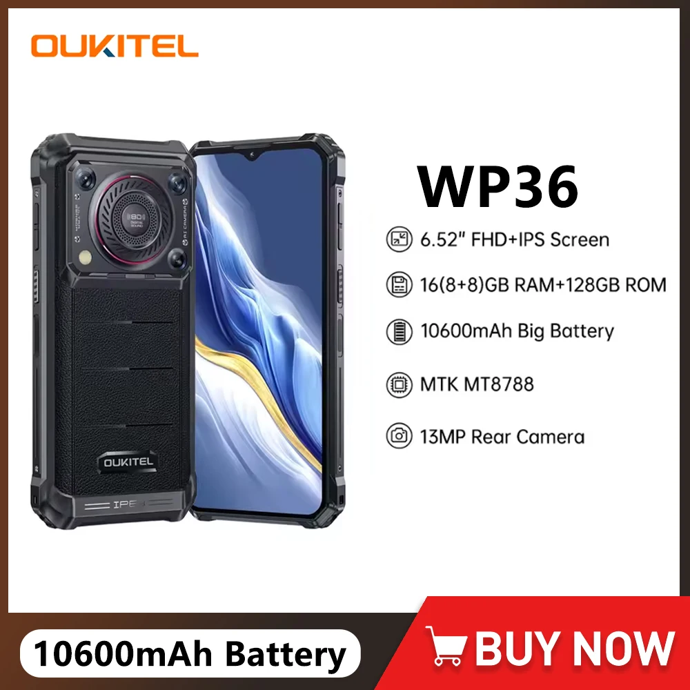 Oukitel WP36 4G Rugged Smartphone 10600mAh Battery 6.52 Inch FHD 8GB 128GB 13MP Rear Camera Octa Core Mobile Phone Android 13