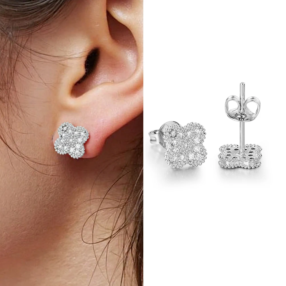 Y2K Hip Hop Rock Earring For Women Men Cubic Zircon Luxury Geometry Flower White Gold Color Stud Earring Daily Jewelry KBE003-1