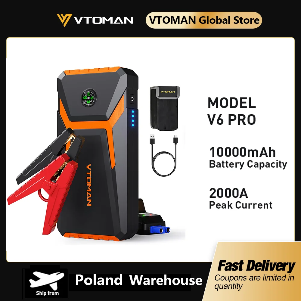 VTOMAN V6 PRO 2000A 12V Auto-Starthilfe für 7.0L Benzin 5.0L Diesel Tragbare Powerbank mit Kompass Notfall-Autobatterie-Booster