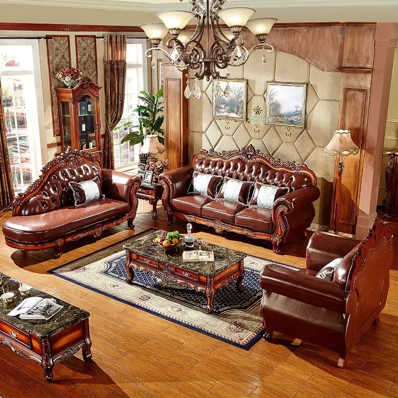 European leather sofa combination solid wood double-sided carved luxury living room French high-end first-layer cowhide explosiv