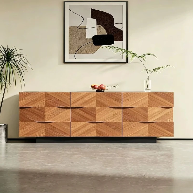 Geometric relief oak sideboard 6 drawer folding living room locker