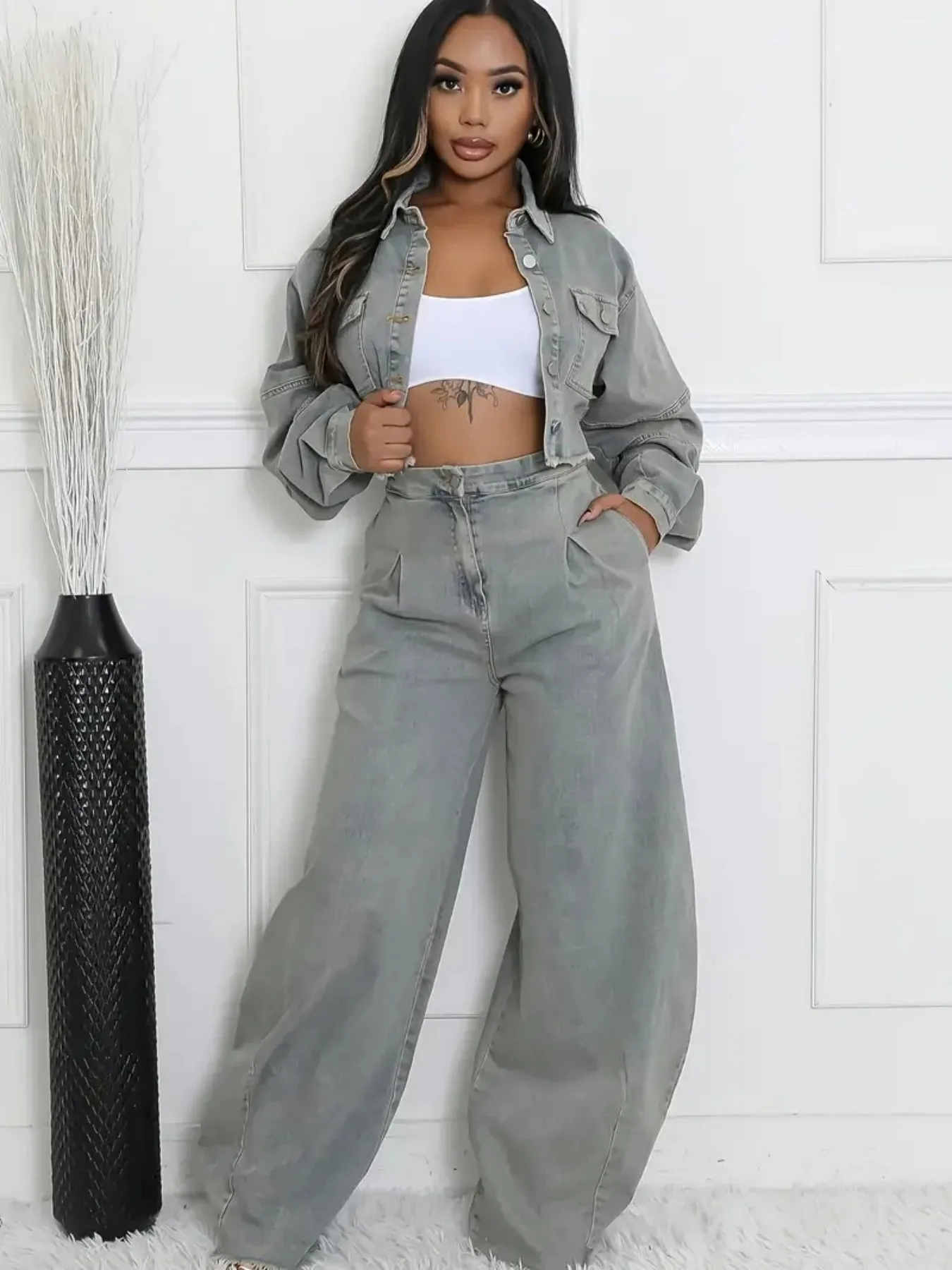 

Women's autumn and winter denim two-piece set: Women's jeans, wide-leg loose jeans, high-waisted Y2K cargo pants, women's short