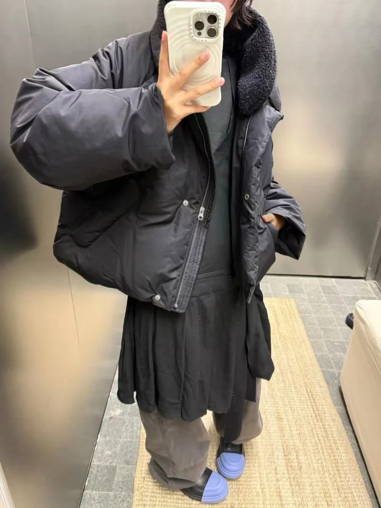 جاكيت قصير منفوخ للنساء بتصميم عصري فضفاض مع ياقة فرو قابلة للفصل، معطف على شكل رغيف الخبز، توصيل سريع، ملابس خارجية نسائية