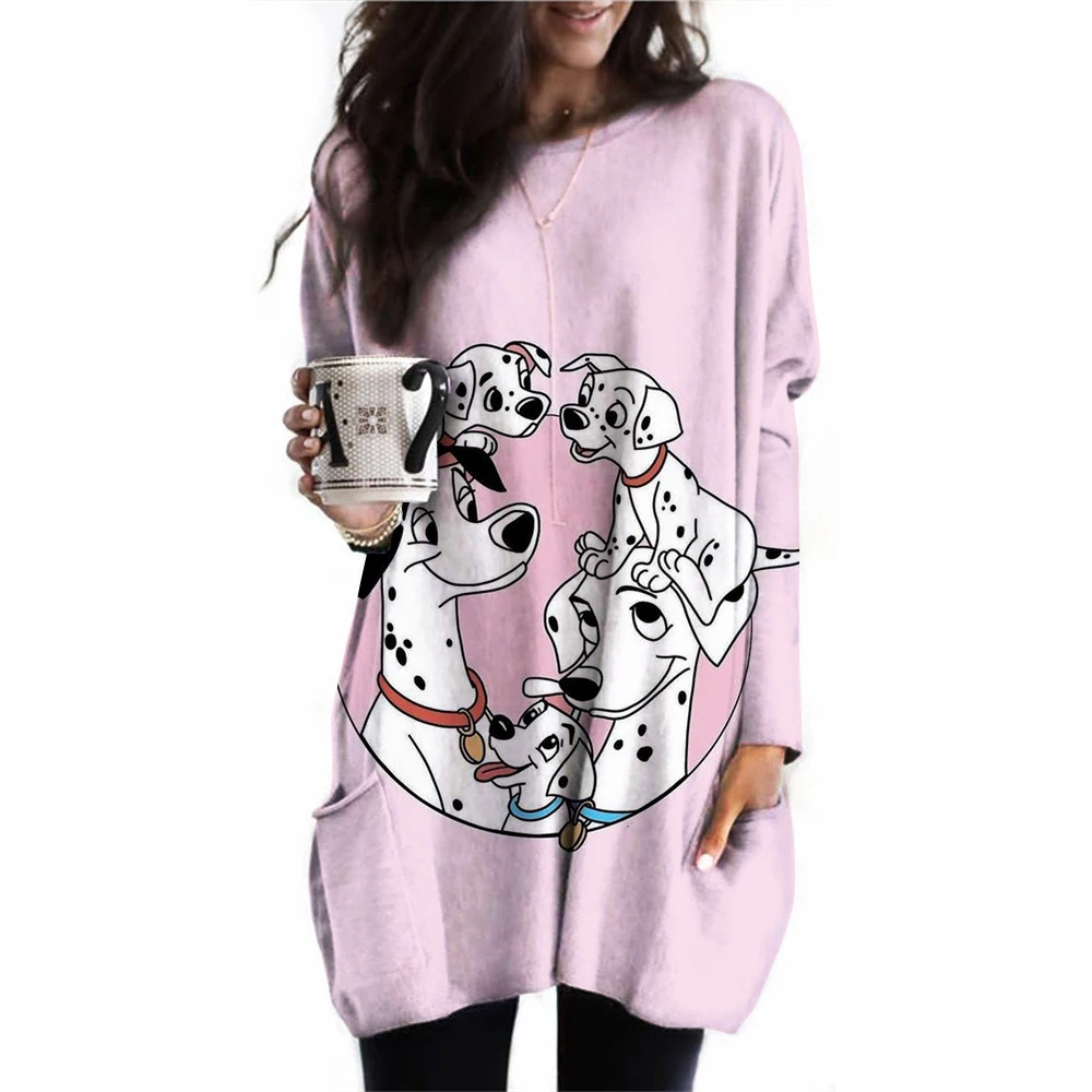 Women's loose pocket T-shirt Disney 101 spotted dog print round neck long sleeved pocket comfortable casual plus size T-shirt pu