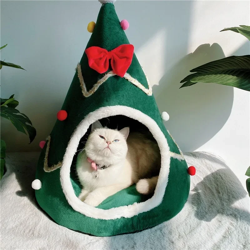 Winter Plush and Thickened Surround Style Warmth Semi Enclosed Deep Sleep Sense of Security Christmas Tree Pet Cat Nest