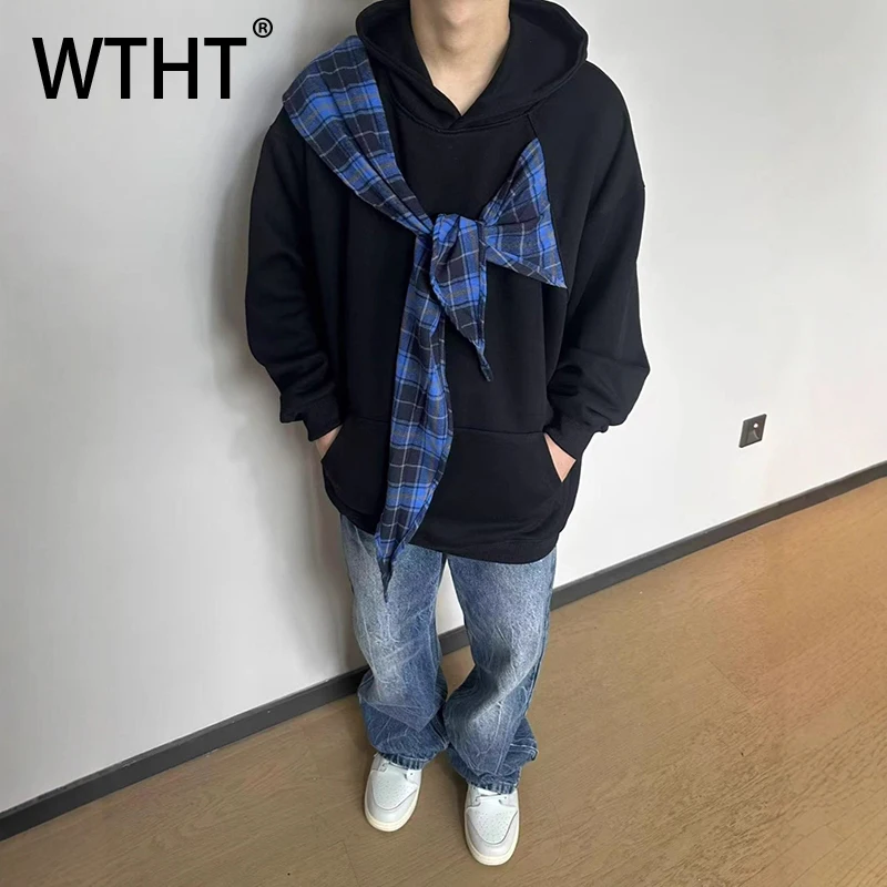 

WTHT модная мужская сращенная искусственная двухсекционная толстовка контрастного цвета, модный пуловер с капюшоном и длинными рукавами, мужской осень 2023, 2A1770