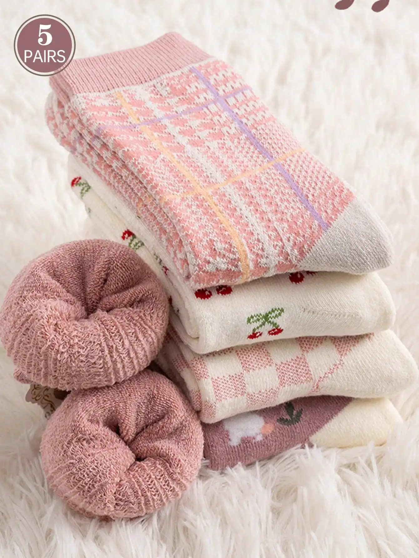 5 pairs of women\'s thickened terry socks pink socks winter spring autumn warm medium cotton socks