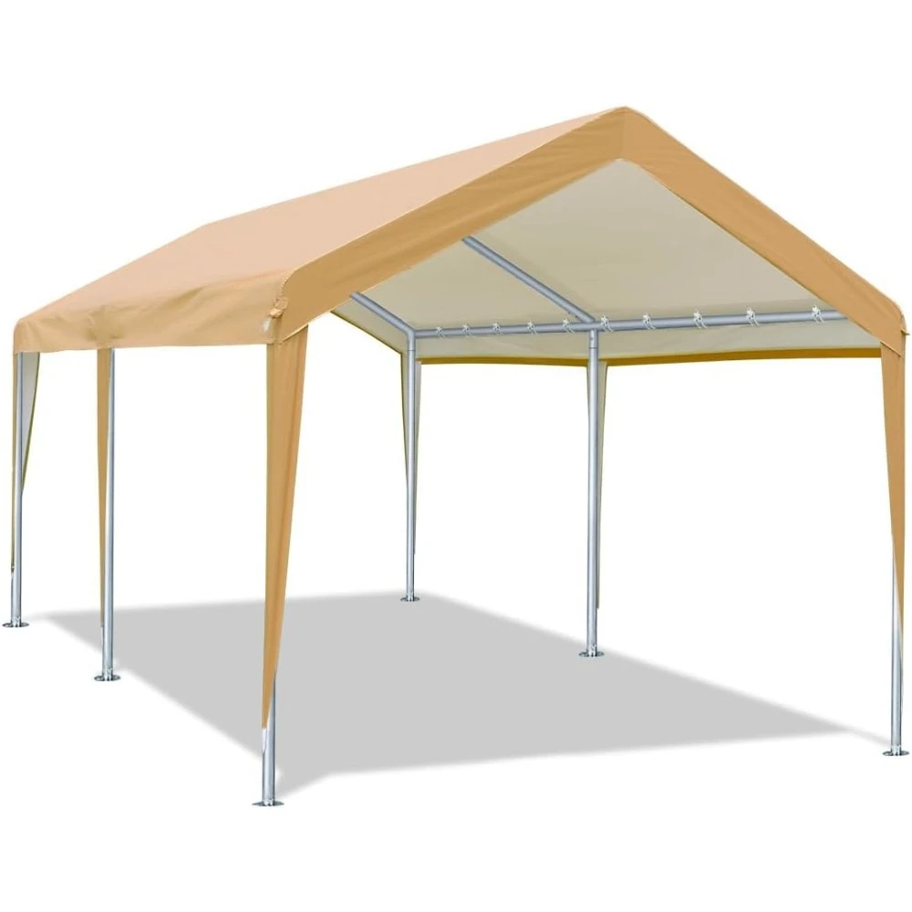 Adjustable 10x20 ft Heavy Duty Carport Car Canopy Garage Boat Shelter Party Tent, Adjustable Height from 9.5 ft to 11 ft, Beige