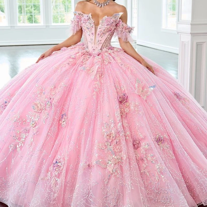 

Pink Shiny Ball Gown Quinceanera Dresses Sequin Appliques Lace Beads Crystal Bow Tull Corset Vestidos 15 XV Años Sweet 16 Dress