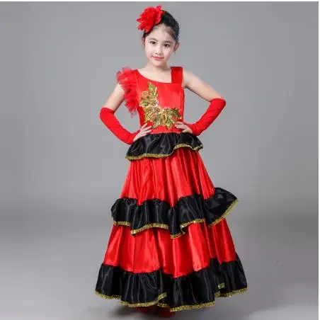 Spanish Costume Girl Long Red Flamenco Dress Ballroom Skirt For Girls Child Dance Dresses Costumes For Kids Clothes