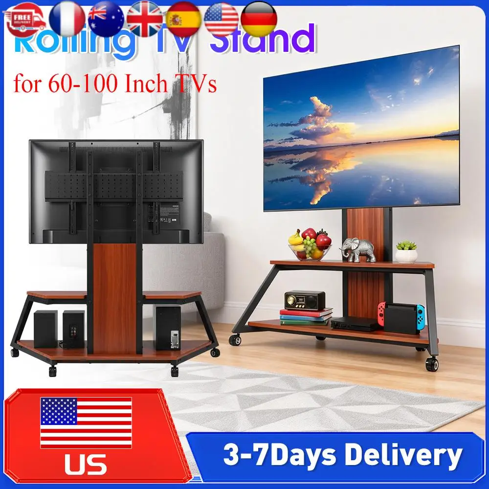 

Portable Rolling TV Cart Floor Wheeled Stand Height Adjustable for 60-100 Inch TVs Up To 220 Lbs with Laptop Shelf Locking Wheel