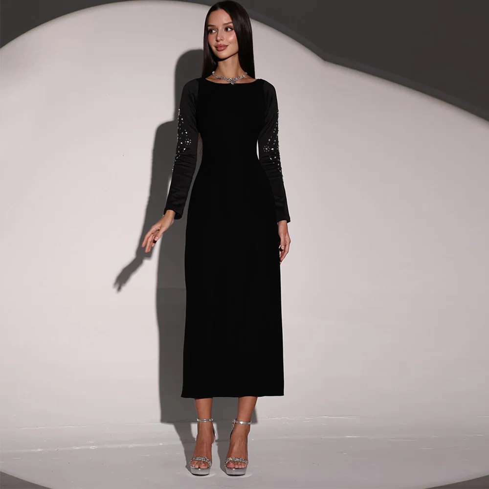 

Black Crew Neck Mermaid Evening Dress Customized High Quality Crystal Celebrity Gowns Formal Long Sleeves Bespoke Occasion Gowns