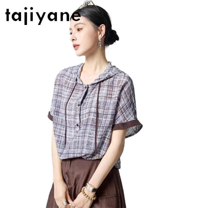 

TAJIYANE 100% Mulberry Silk T-Shirt Woman Hooded Vintage Plaid Women T Shirts Summer Casual Tops 2026 New Ladies Clothes одежда