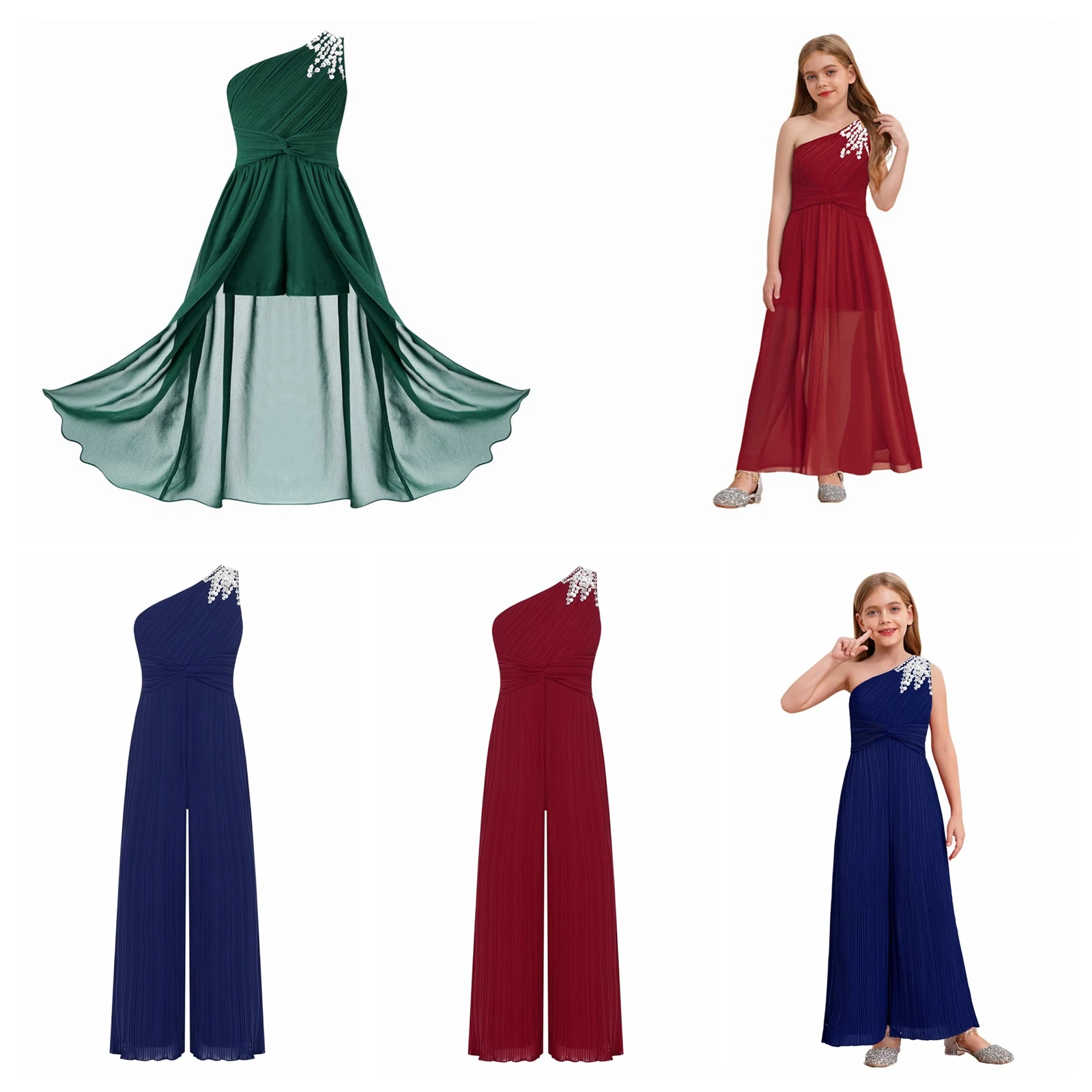 

Party Outfit Kids Jumpsuit Romper for Girls One Shoulder Sparkly High Waist Pleated Jumpsuit Wedding Prom Ball Wide Leg Pants