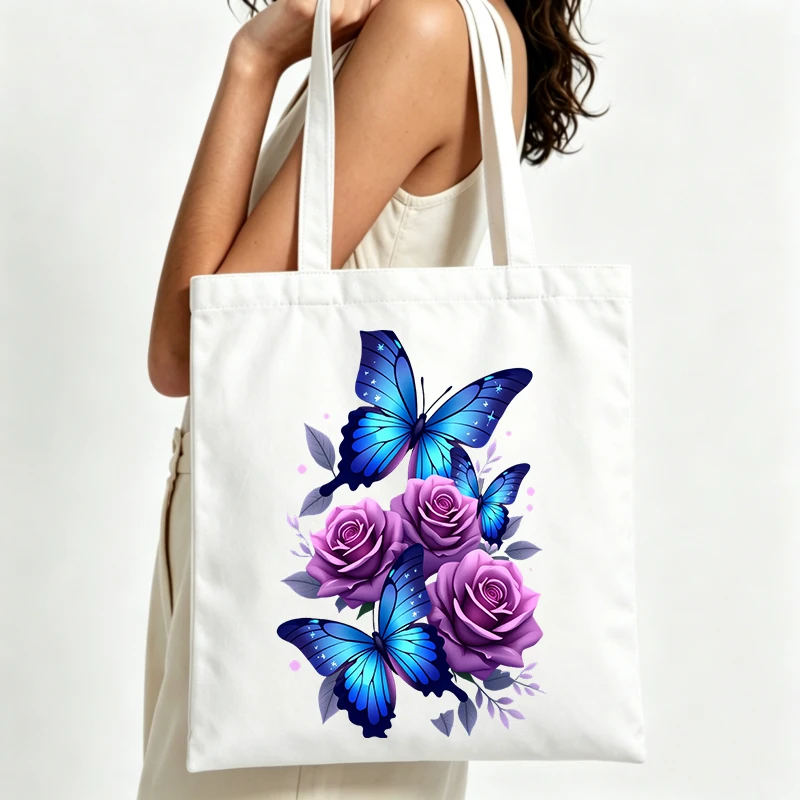 Bolso de mano de lona con estampado de mariposas y rosas moradas, diseño artístico para compras diarias y salidas informales