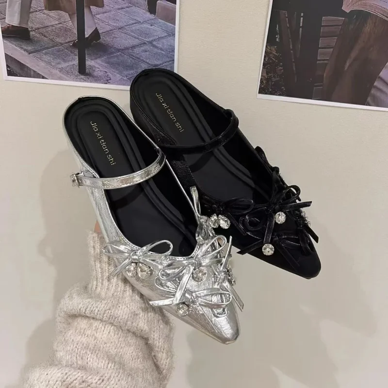 

Hot Selling Inside Increase French Bow Bow Head Half Slippers Female Outside Wear 2025 Spring/summer Silver Diamond Single Shoes