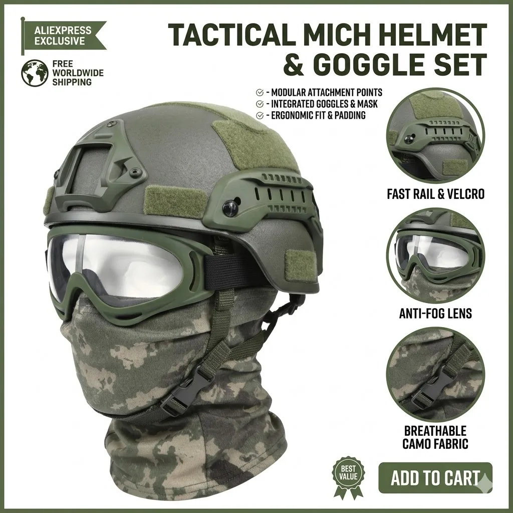 

Tactical MICH 2000 Helmet Set with Anti-Fog Goggles & Camo Balaclava Mask, Military Airsoft Paintball Gear Protective Equipment