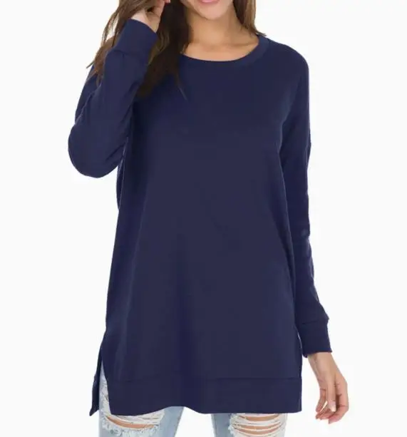 

Spring Classic Casual Loose Solid Color Simple Round Neck Side Slit Design Versatile and Comfortable Long Sleeved T-Shirt Top
