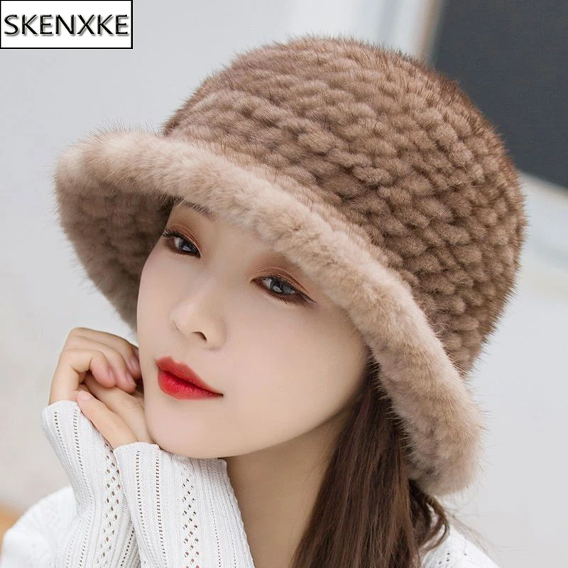 Winter Women Outdoor Keep Warm Real Mink Fur Hat Natural Warm 100% Real Mink Fur Hats Lady Knitted Quality Genuine Mink Fur Caps