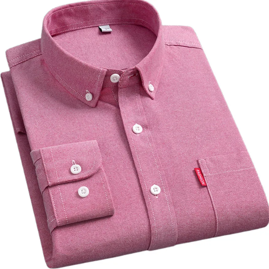 Camisa de algodón de 100% para hombre, tejido Oxford de manga larga, sólido, cómodo, diseño de con un solo bolsillo, botón de ajuste estándar,