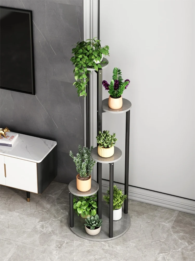 Living room, floor-to-ceiling wrought iron balcony, succulent flower pot shelf, indoor display plant shelf