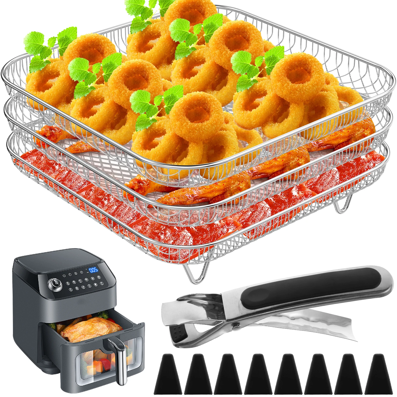Rejilla para freidora de aire cuadrada de 3 capas, rejilla para parrilla de acero inoxidable, rejilla para deshidratador, cesta de cocina apilable para freidora de aire, accesorios para freidora de aire